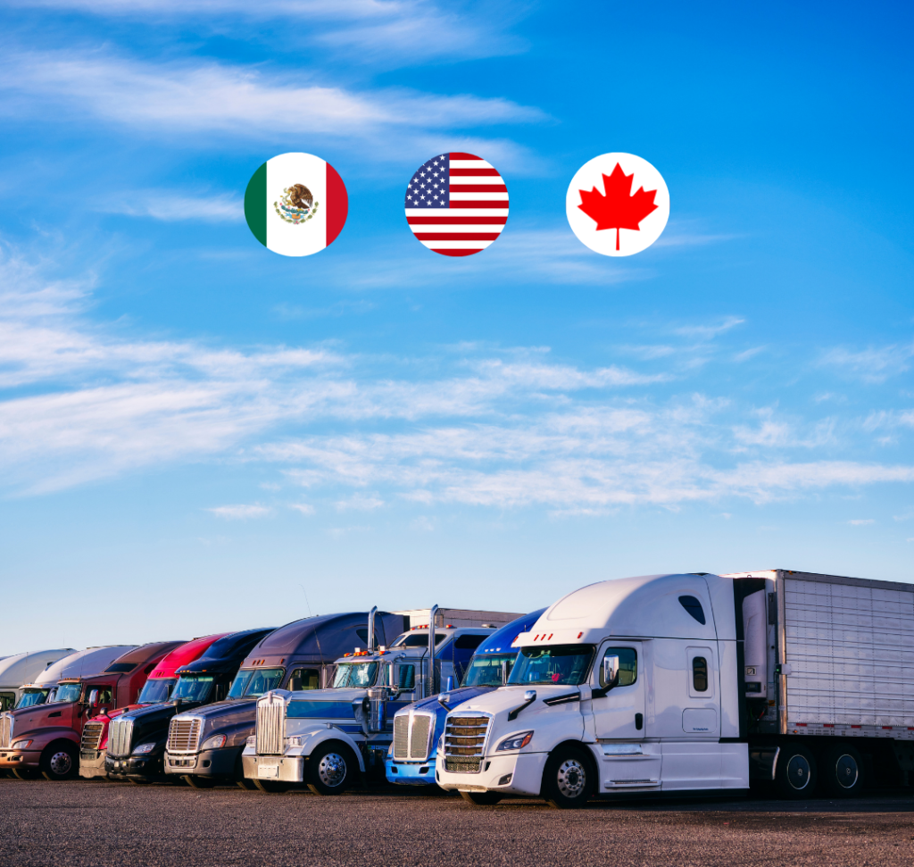 En la imagen se muestran camiones con las banderas de México, Estados Unidos y Canadá